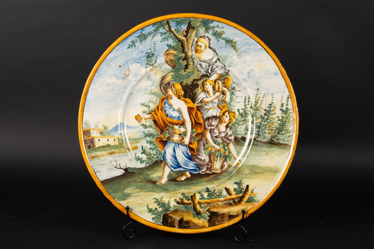 Charger  - Women Picking Fruit, Majolica, Castelli, Italy, 19th Century.