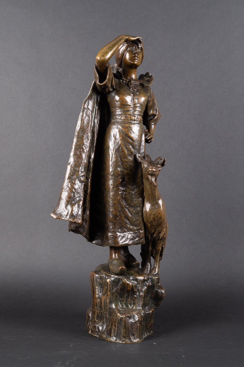 Bergère avec une chèvre, Louis Chalon (1866–1940), bronze, France, XIXe-XXe siècle-photo-2