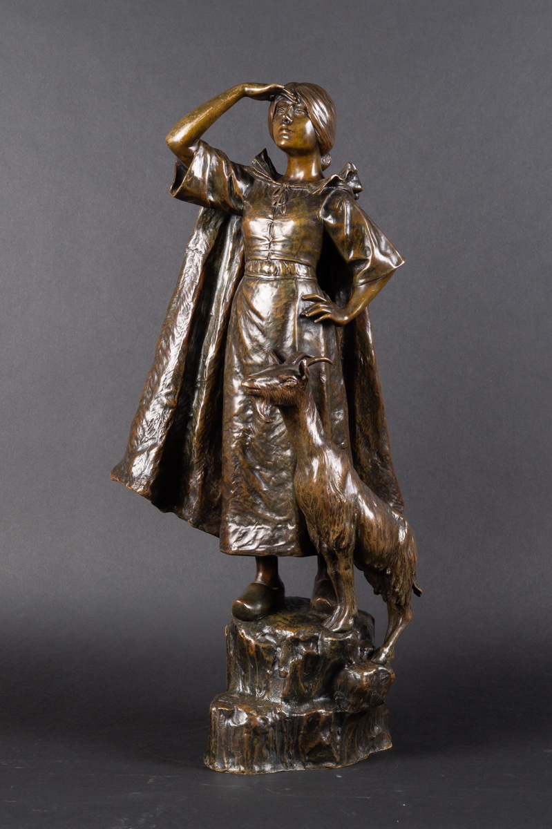 Bergère avec une chèvre, Louis Chalon (1866–1940), bronze, France, XIXe-XXe siècle-photo-3