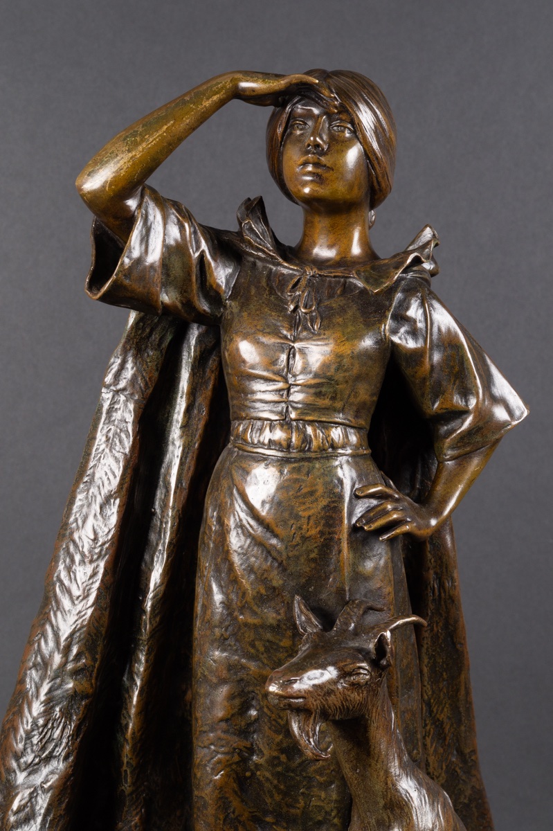 Bergère avec une chèvre, Louis Chalon (1866–1940), bronze, France, XIXe-XXe siècle-photo-1