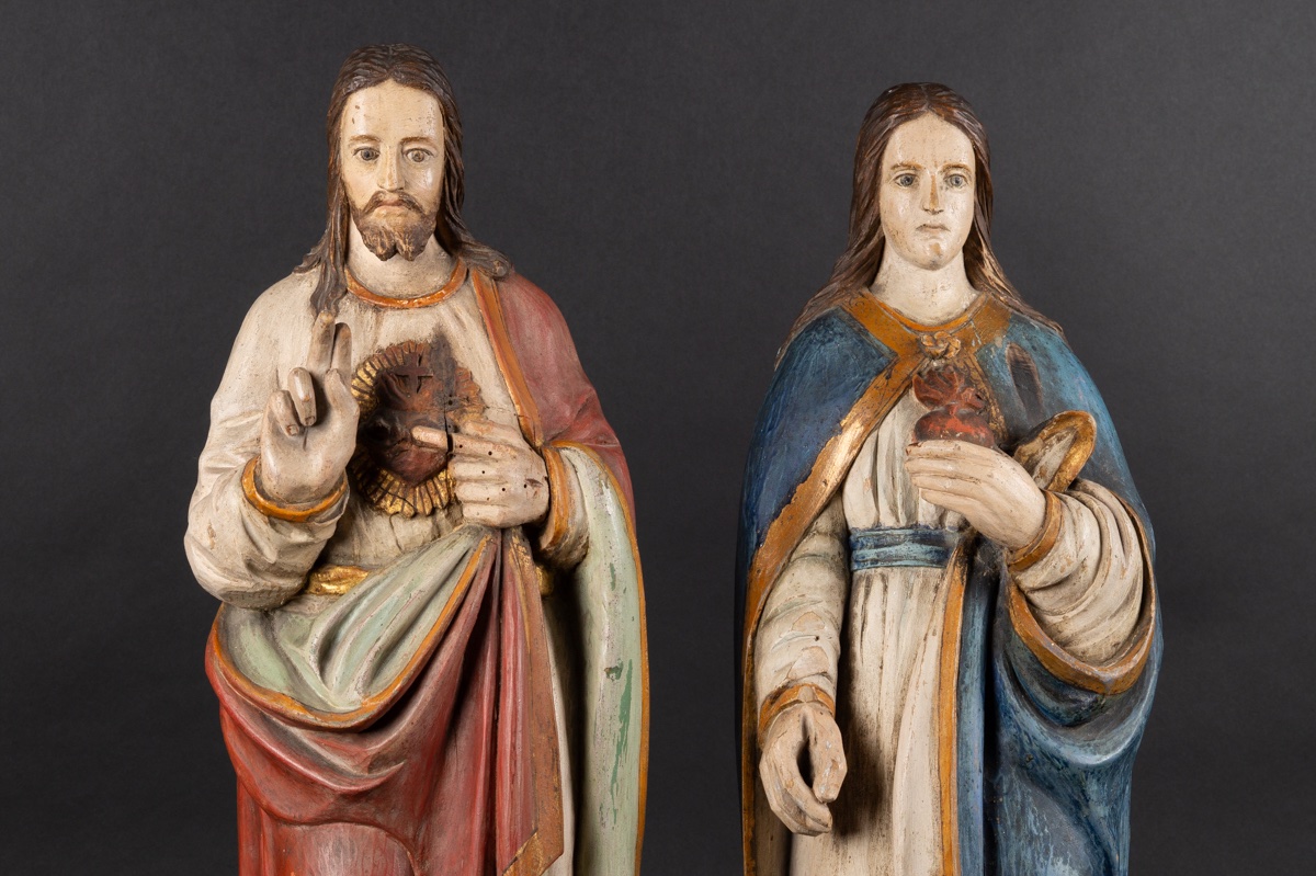 Le Sacré-Cœur de Jésus et le Cœur immaculé de Marie, Pologne, bois polychrome, XIXe siècle.  -photo-1