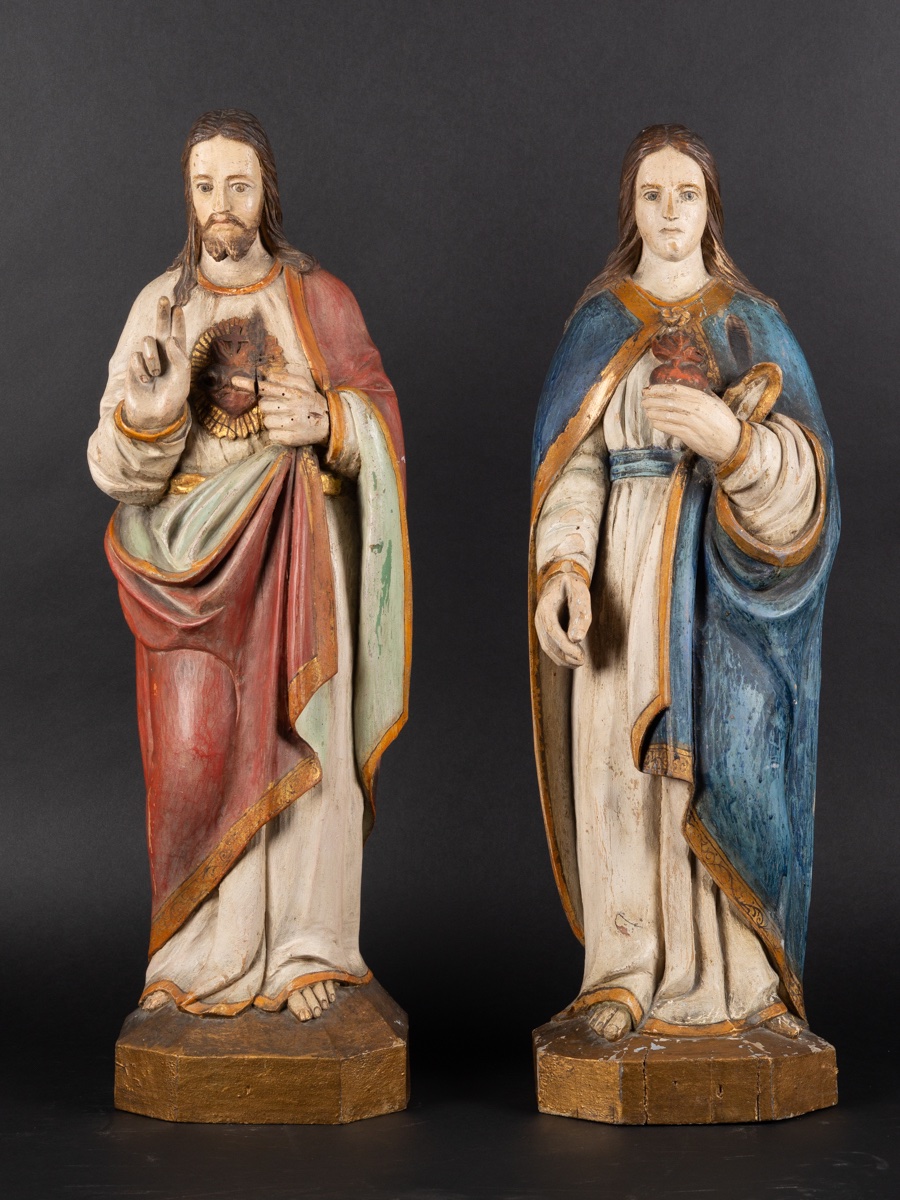 Le Sacré-Cœur de Jésus et le Cœur immaculé de Marie, Pologne, bois polychrome, XIXe siècle.  