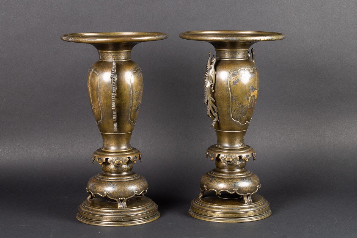 Paire De Vases Usubata, Japon XIXème Siècle, Bronze - Or - Argent-photo-2