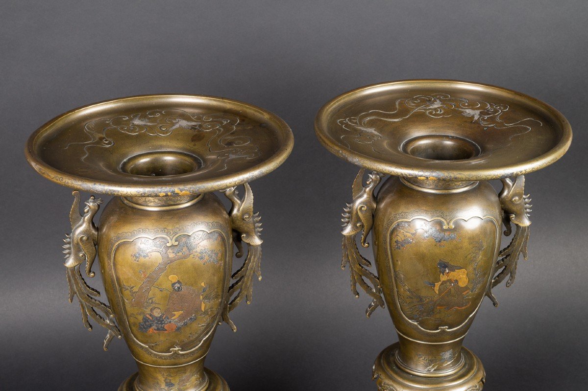 Paire De Vases Usubata, Japon XIXème Siècle, Bronze - Or - Argent-photo-4