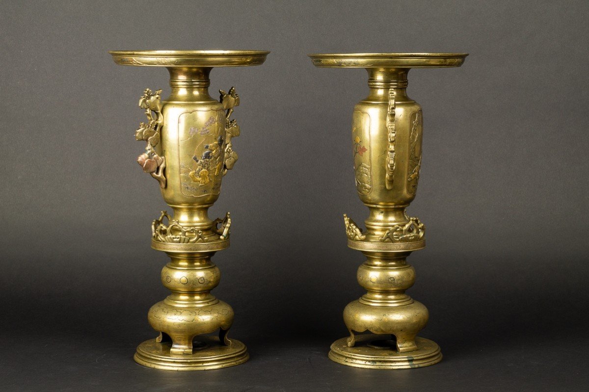 Paire De Vases Usubata, Japon Vers 1880, Bronze - Or - Argent-photo-2