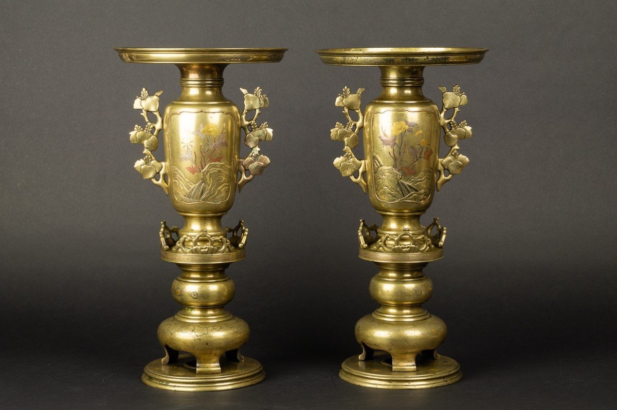 Paire De Vases Usubata, Japon Vers 1880, Bronze - Or - Argent-photo-3