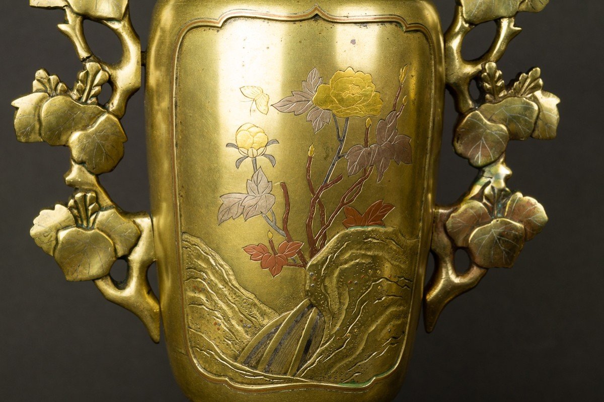 Paire De Vases Usubata, Japon Vers 1880, Bronze - Or - Argent-photo-1