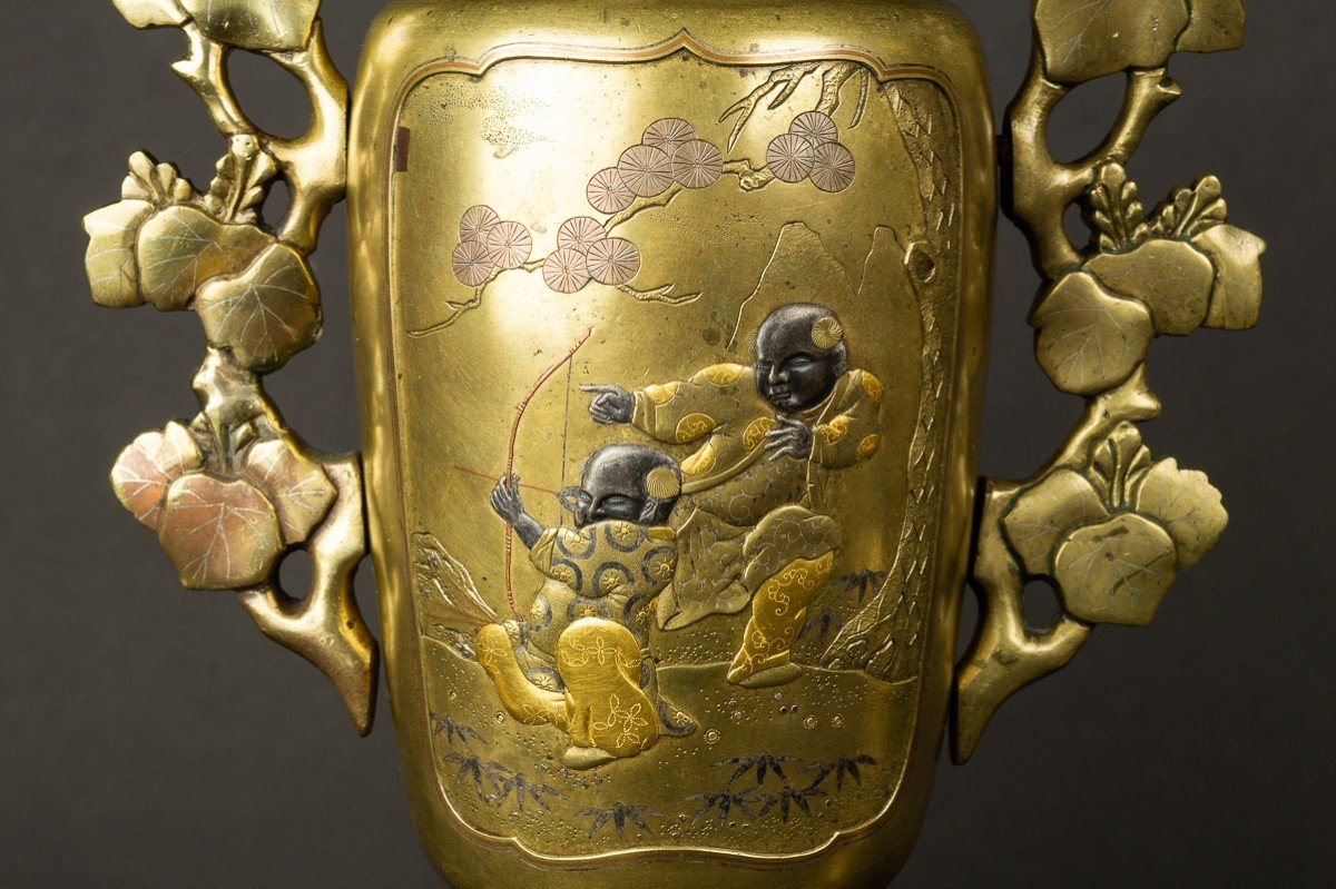 Paire De Vases Usubata, Japon Vers 1880, Bronze - Or - Argent-photo-5