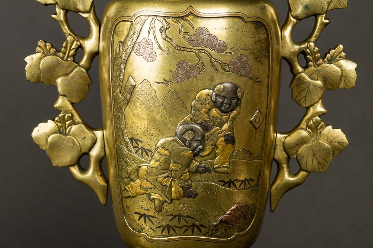 Paire De Vases Usubata, Japon Vers 1880, Bronze - Or - Argent-photo-6
