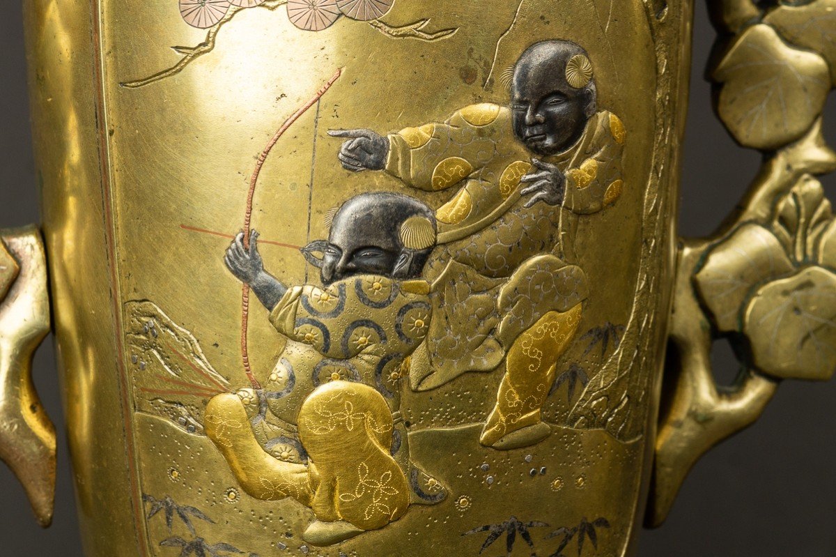 Paire De Vases Usubata, Japon Vers 1880, Bronze - Or - Argent-photo-7