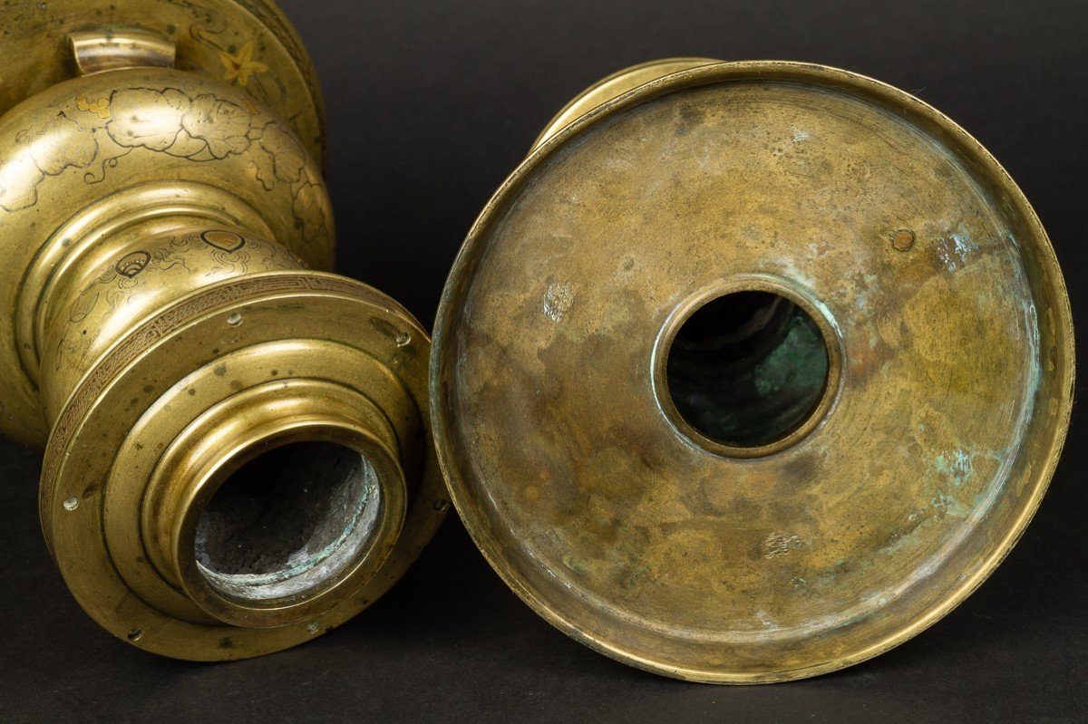 Paire De Vases Usubata, Japon Vers 1880, Bronze - Or - Argent-photo-8