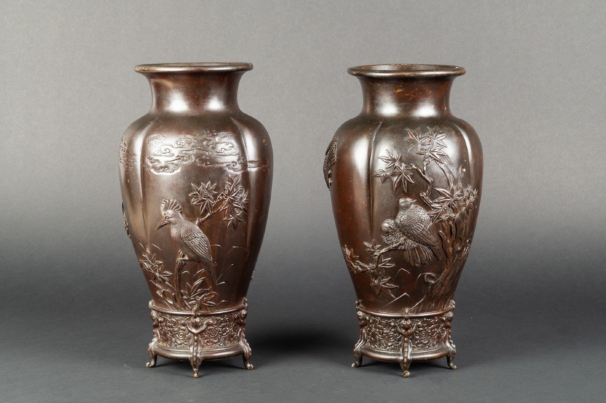 Paire De Vases Kacho-ga, Japon, Meiji (1868-1912)  -photo-2