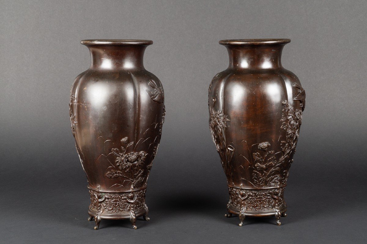 Paire De Vases Kacho-ga, Japon, Meiji (1868-1912)  -photo-1