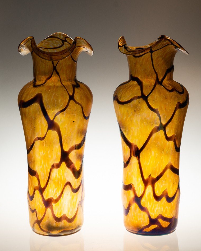 Pair Of Large Iridescent Vases, Pampas, Kralik, Art Nouveau, Bohemian, Around 1900-photo-3