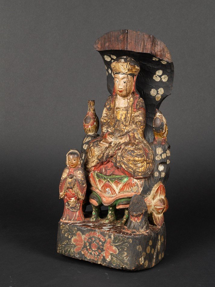 Groupe Bouddhiste, Bois Polychrome, Tibet, XIXe Siècle.   -photo-3