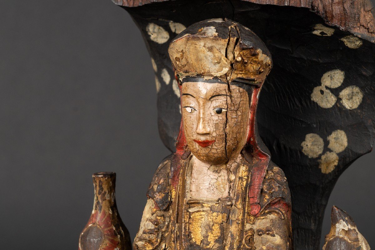 Groupe Bouddhiste, Bois Polychrome, Tibet, XIXe Siècle.   -photo-3