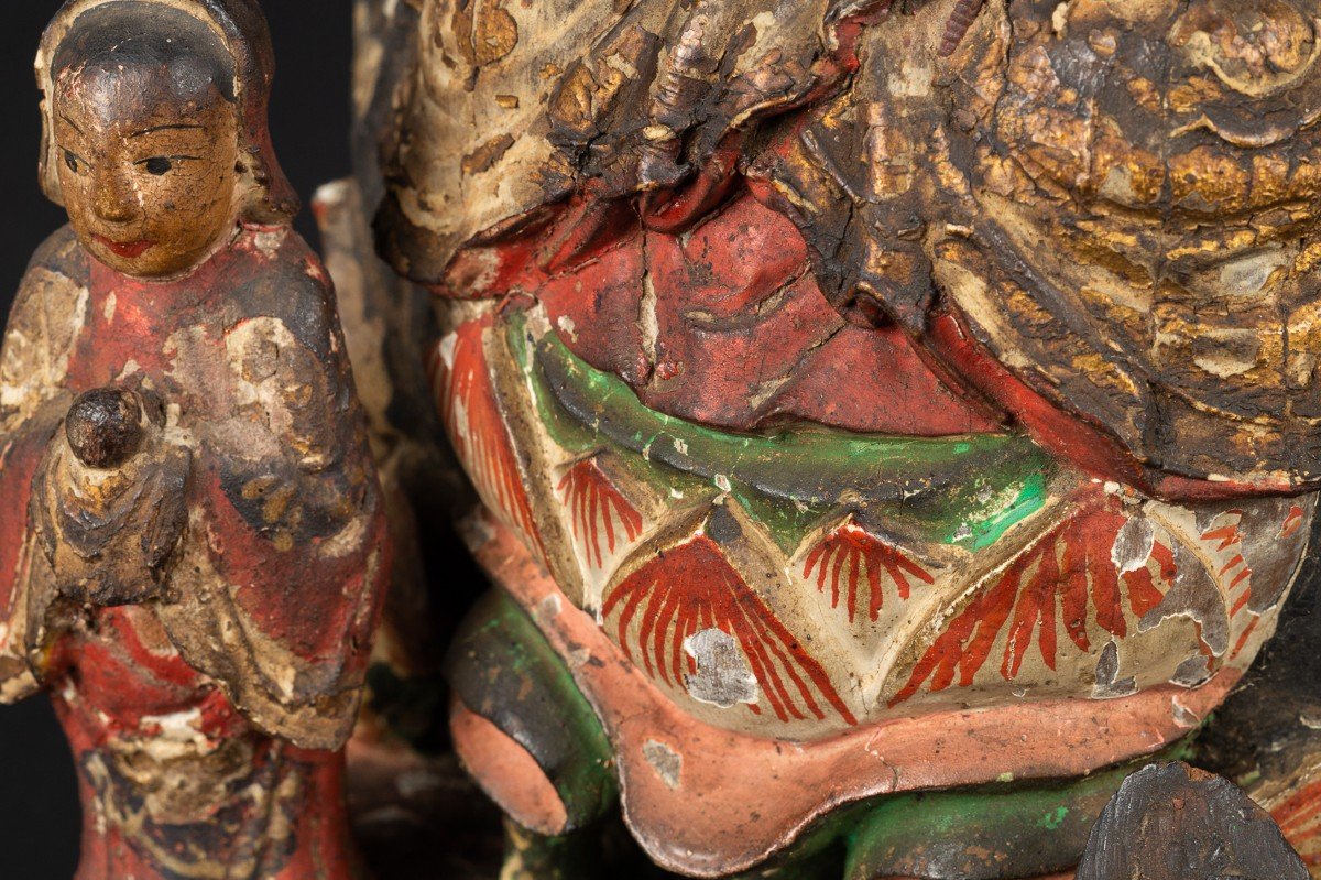 Groupe Bouddhiste, Bois Polychrome, Tibet, XIXe Siècle.   -photo-7