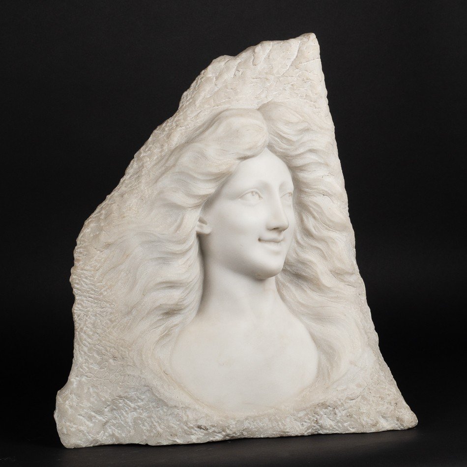 Bust Of A Young Girl, Art Nouveau Marble, Circa 1900-photo-2