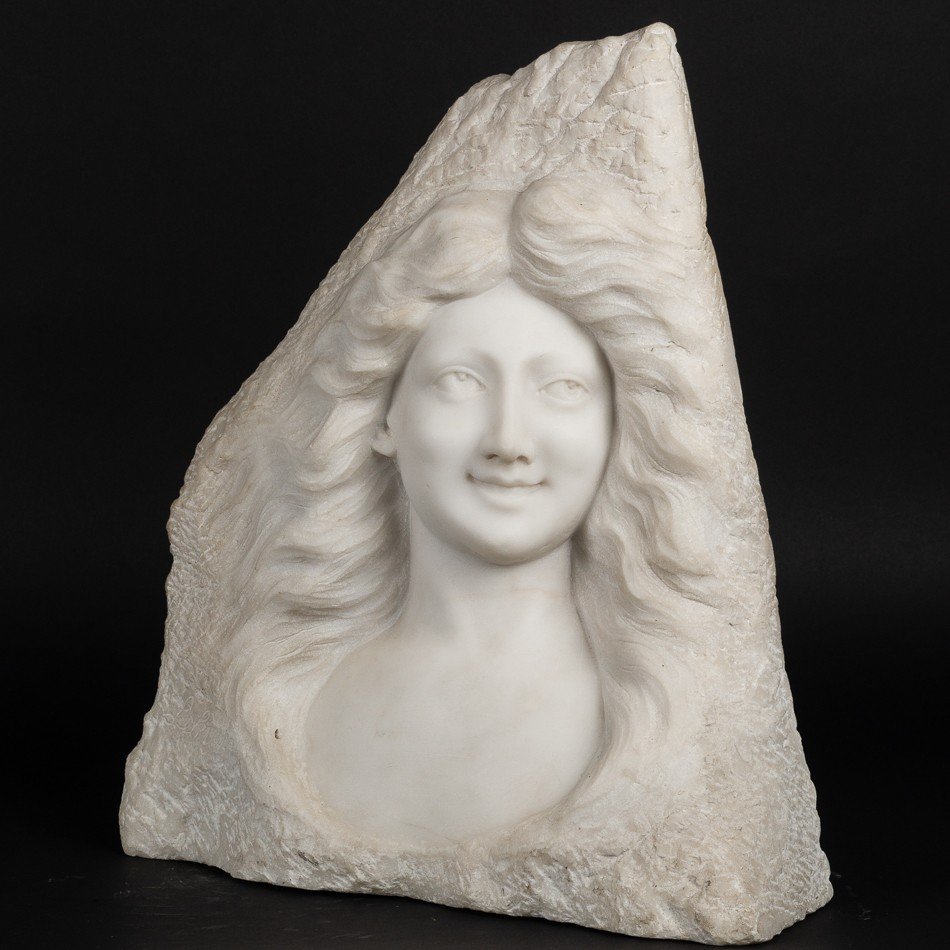 Bust Of A Young Girl, Art Nouveau Marble, Circa 1900-photo-3