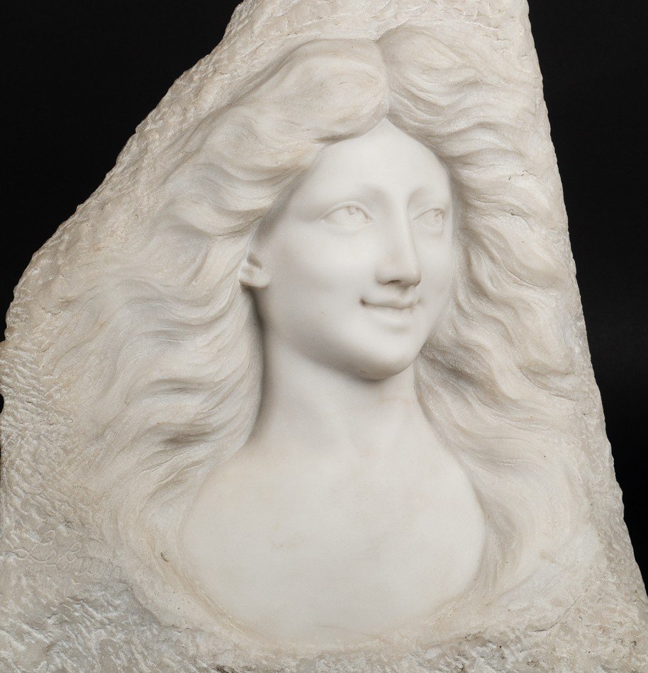 Bust Of A Young Girl, Art Nouveau Marble, Circa 1900-photo-4