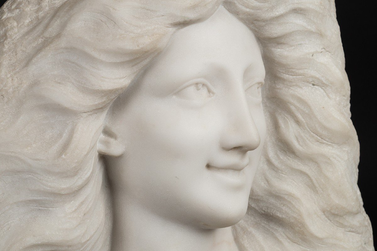 Bust Of A Young Girl, Art Nouveau Marble, Circa 1900-photo-3