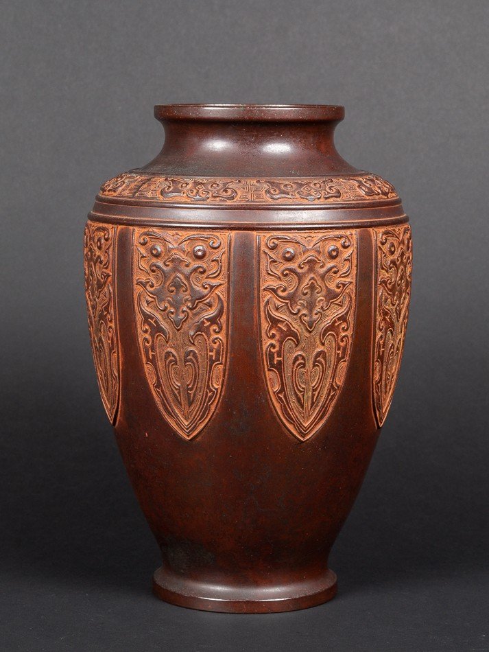 Vase Archaïque, Bronze Patiné, Japon, ère Meiji (1868-1912)  -photo-3