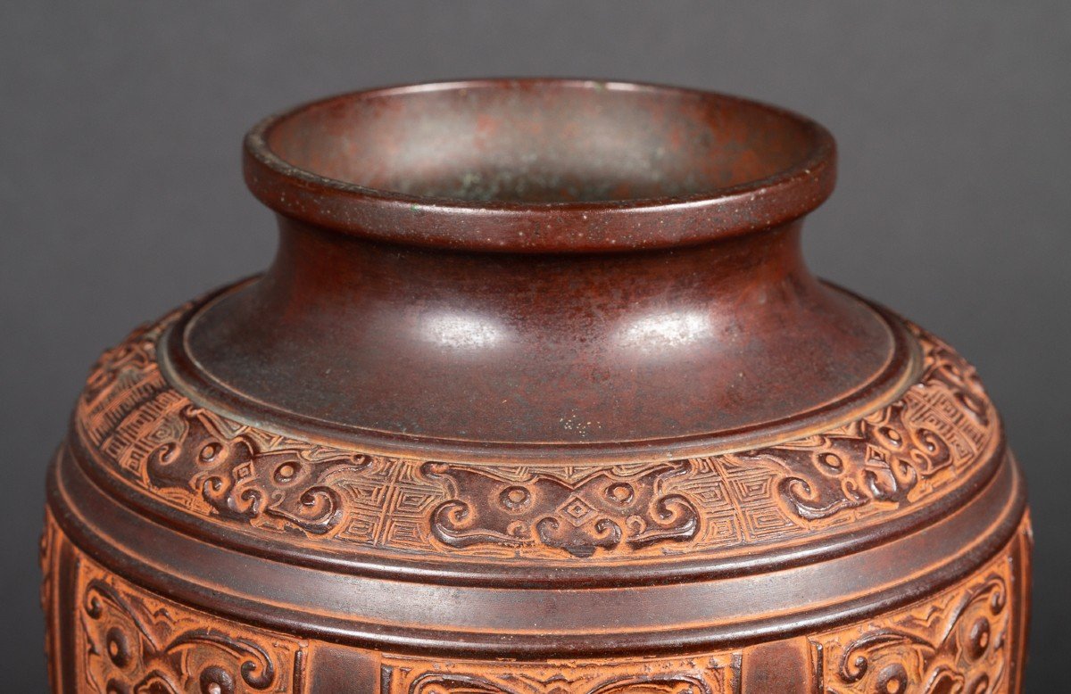 Vase Archaïque, Bronze Patiné, Japon, ère Meiji (1868-1912)  -photo-2