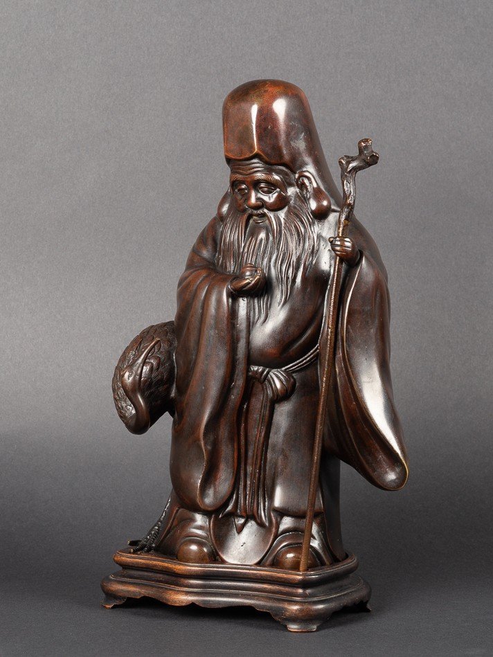 Fukurokuju Avec Grue, Okimono En Bronze, Japon, ère Meiji (1868-1912)  -photo-3