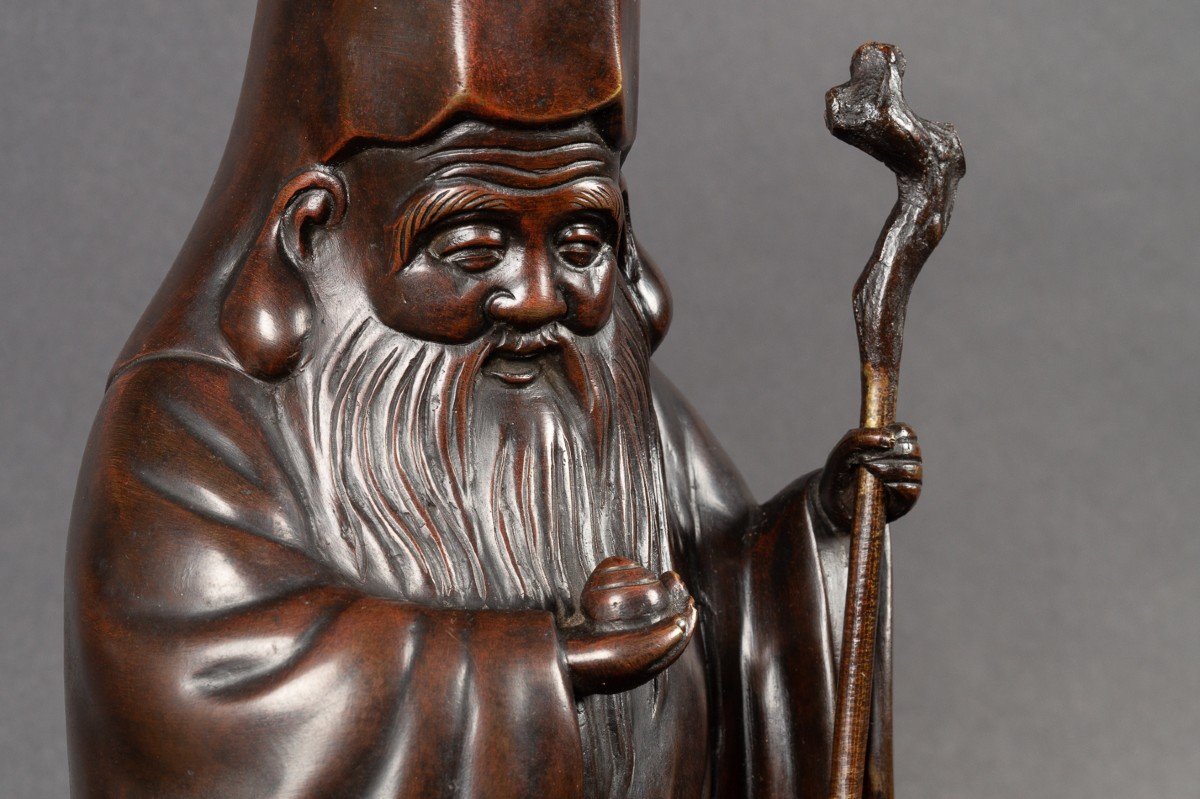 Fukurokuju Avec Grue, Okimono En Bronze, Japon, ère Meiji (1868-1912)  -photo-4