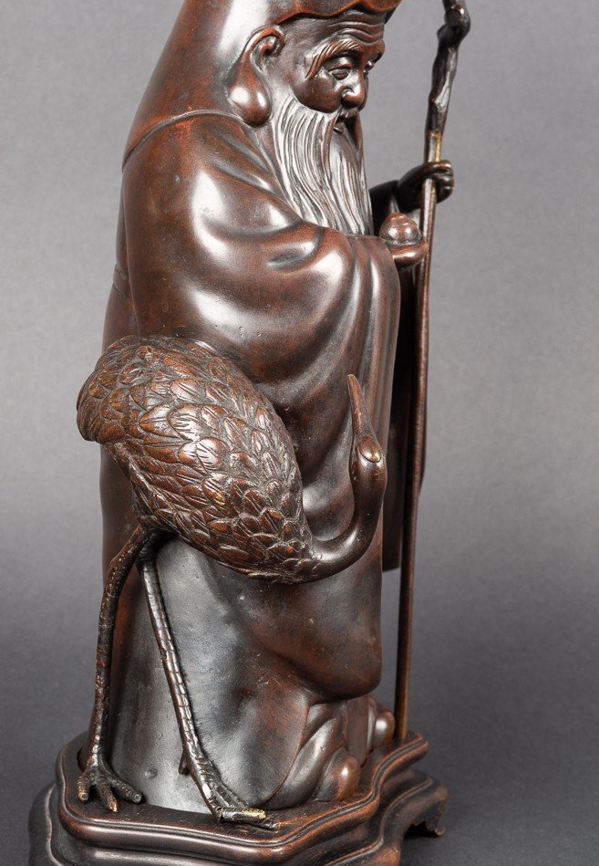 Fukurokuju Avec Grue, Okimono En Bronze, Japon, ère Meiji (1868-1912)  -photo-5