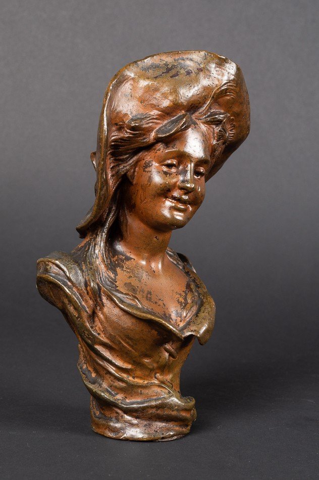 Buste d'Une Jeune Fille Avec Un Chapeau, Victor Leopold Bruyneel, Bronze, 19e/20e Siècle.   -photo-2