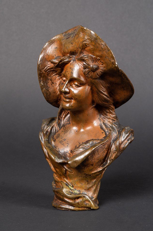 Buste d'Une Jeune Fille Avec Un Chapeau, Victor Leopold Bruyneel, Bronze, 19e/20e Siècle.   -photo-3