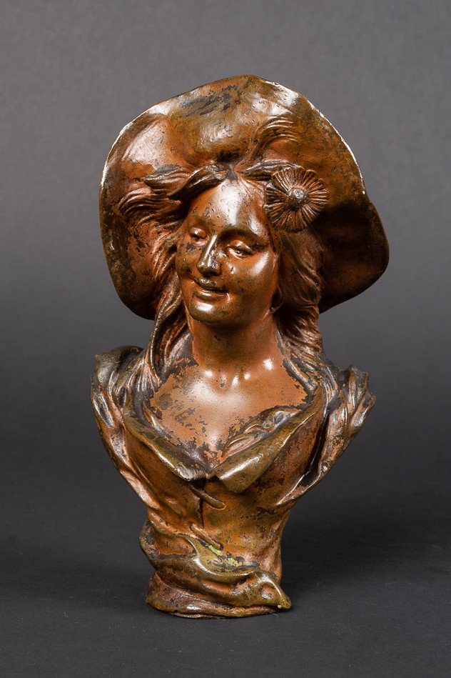 Buste d'Une Jeune Fille Avec Un Chapeau, Victor Leopold Bruyneel, Bronze, 19e/20e Siècle.   -photo-4