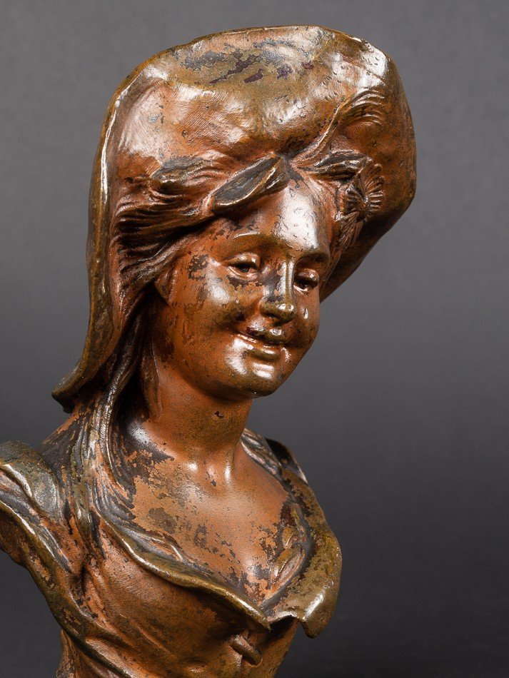 Buste d'Une Jeune Fille Avec Un Chapeau, Victor Leopold Bruyneel, Bronze, 19e/20e Siècle.   -photo-2