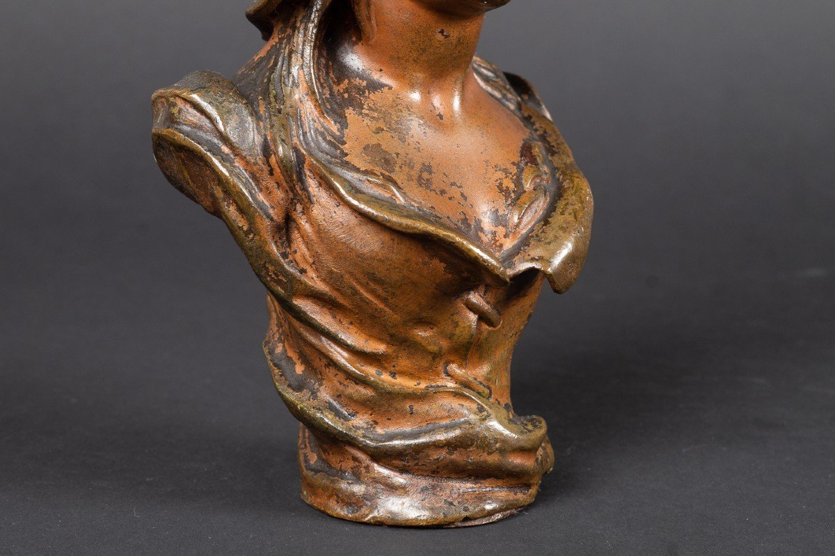 Buste d'Une Jeune Fille Avec Un Chapeau, Victor Leopold Bruyneel, Bronze, 19e/20e Siècle.   -photo-4