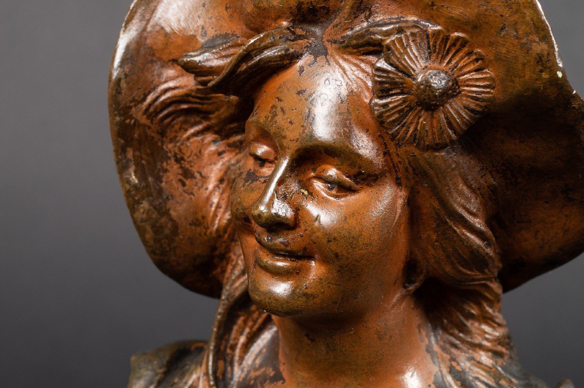Buste d'Une Jeune Fille Avec Un Chapeau, Victor Leopold Bruyneel, Bronze, 19e/20e Siècle.   -photo-6