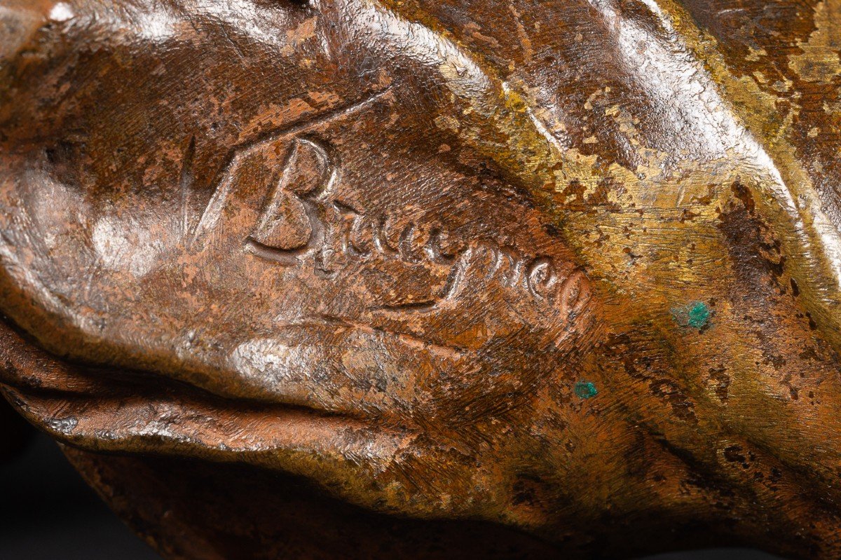 Buste d'Une Jeune Fille Avec Un Chapeau, Victor Leopold Bruyneel, Bronze, 19e/20e Siècle.   -photo-7