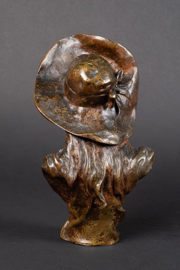 Buste d'Une Jeune Fille Avec Un Chapeau, Victor Leopold Bruyneel, Bronze, 19e/20e Siècle.   -photo-8
