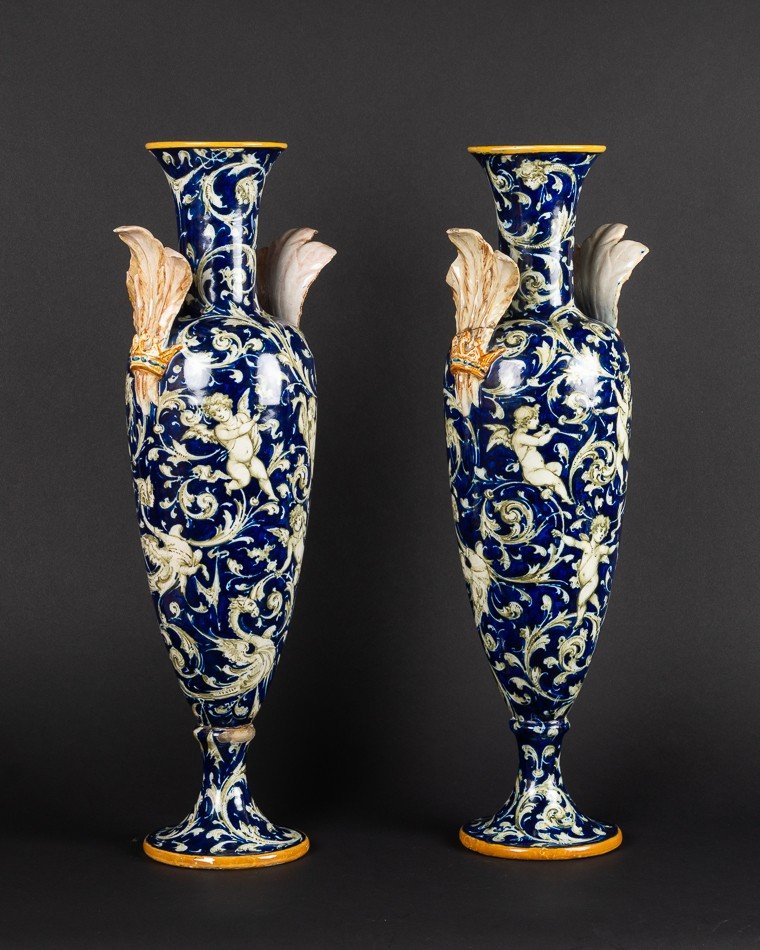 Paire De Vases, Néo-renaissance, Italie, Molaroni, Pesaro, 19ème/20ème Siècle.  -photo-2