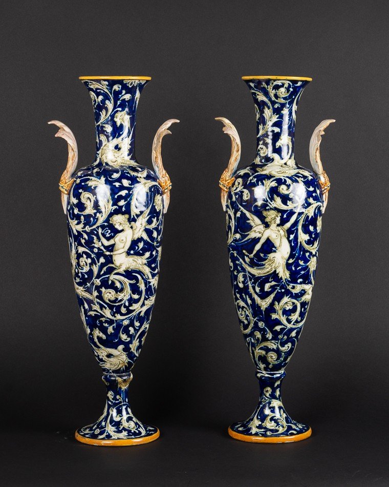 Paire De Vases, Néo-renaissance, Italie, Molaroni, Pesaro, 19ème/20ème Siècle.  -photo-3