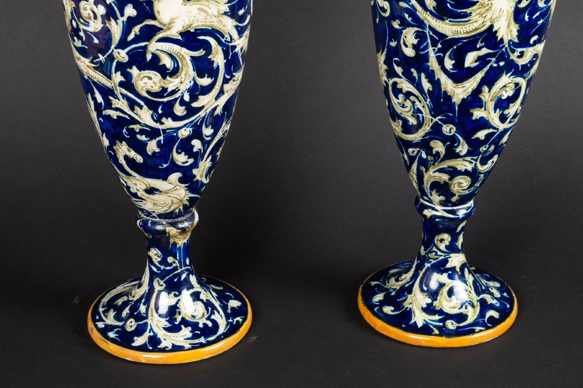 Paire De Vases, Néo-renaissance, Italie, Molaroni, Pesaro, 19ème/20ème Siècle.  -photo-2