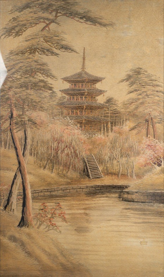 Pagoda In The Forest, Large Embroidery, Japan, Meiji Era / Taisho Era.-photo-2