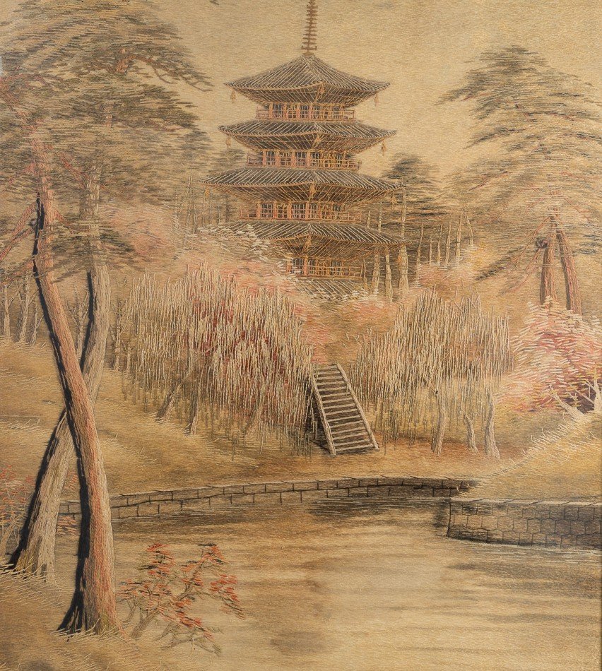 Pagoda In The Forest, Large Embroidery, Japan, Meiji Era / Taisho Era.-photo-1