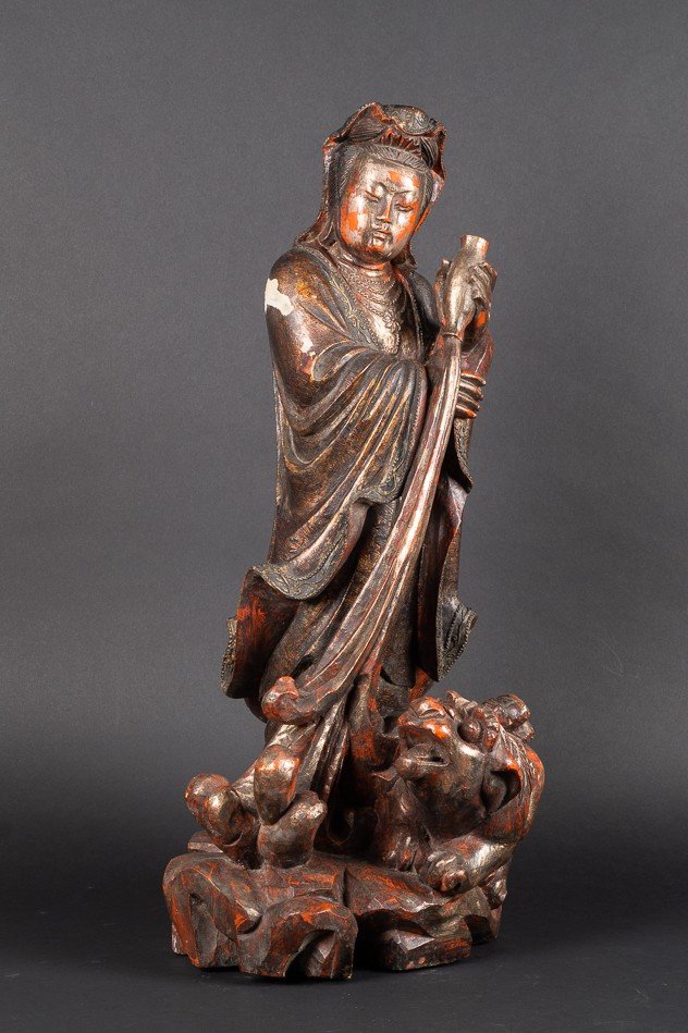 Guanyin Avec Chien Fo, Chine, Dynastie Qing, XVIIIe Siècle, Bois Polychrome-photo-3