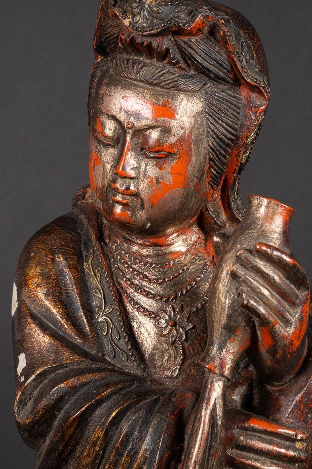 Guanyin Avec Chien Fo, Chine, Dynastie Qing, XVIIIe Siècle, Bois Polychrome-photo-4