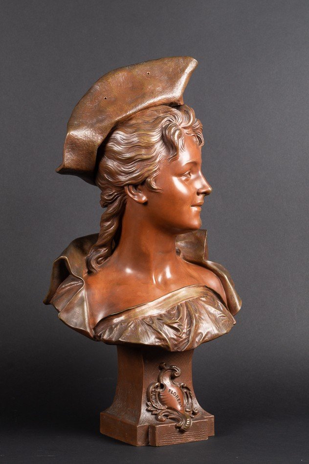 Bust Of Lady With Hat, émile Pinedo (1840-1916), Bronze, France, Late Nineteenth Century.-photo-2