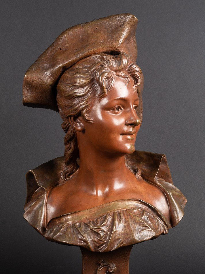 Bust Of Lady With Hat, émile Pinedo (1840-1916), Bronze, France, Late Nineteenth Century.-photo-1