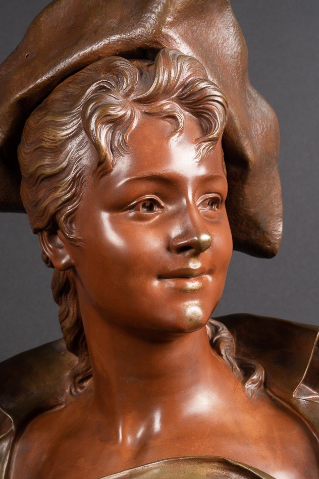 Bust Of Lady With Hat, émile Pinedo (1840-1916), Bronze, France, Late Nineteenth Century.-photo-2