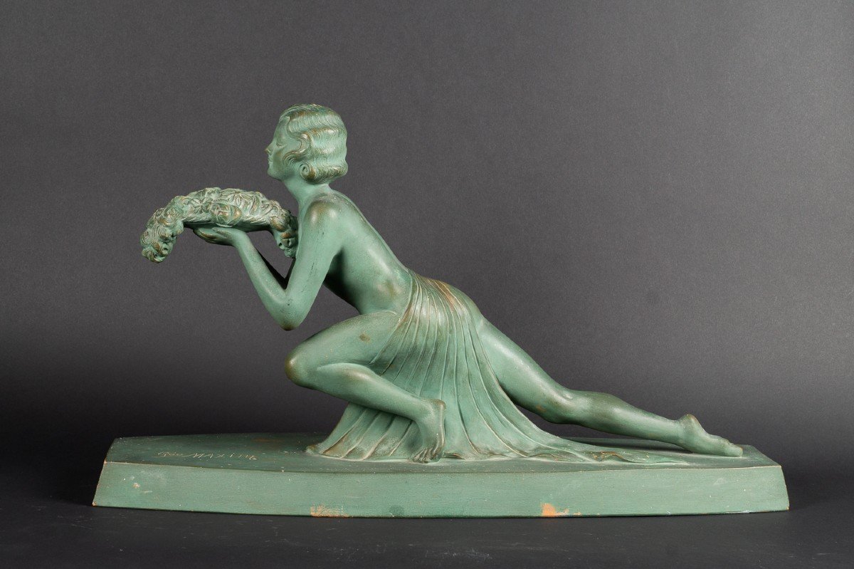 Femme Avec Un Panier De Fleurs, Terre Cuite, Art Déco, Georges Maxim (1885-1940), Années 1920-photo-2