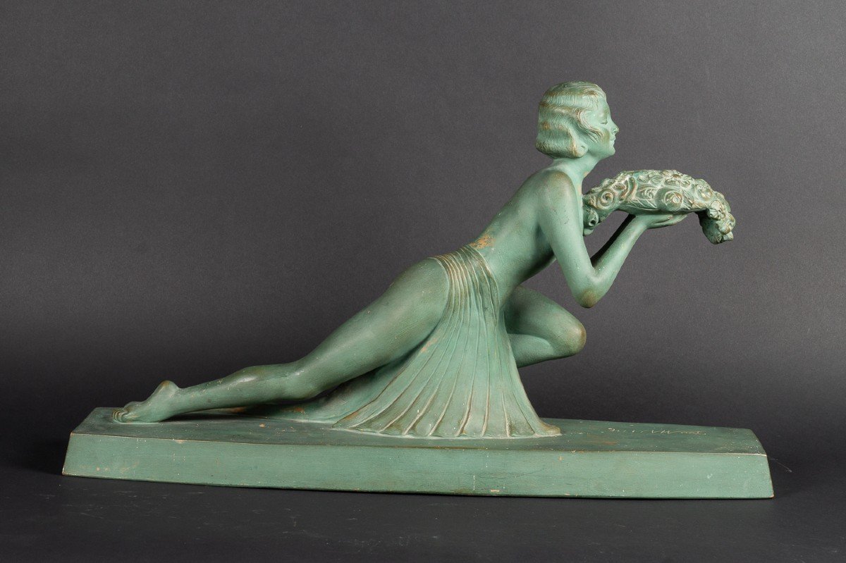 Femme Avec Un Panier De Fleurs, Terre Cuite, Art Déco, Georges Maxim (1885-1940), Années 1920-photo-4